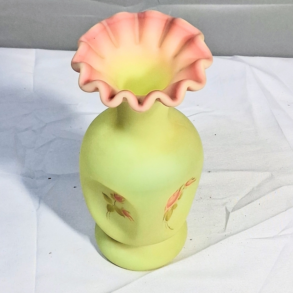 Fenton Glass Collectible Burmese Satin/Yellow Signed Hand Painted Ruffled Vase